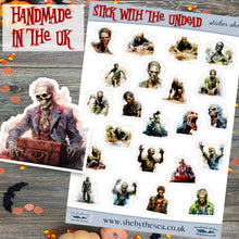Load image into Gallery viewer, Zombies Sticker Sheet. Halloween stickers of THE UNDEAD, Vampires & Ghouls for journals and bullet lists. Handmade in the UK.