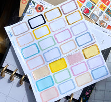 Load image into Gallery viewer, Half Box Glitter Effect Stickers. Functional, rectangular planner stickers. 1.5 inches \38 cm wide. Handmade in the UK