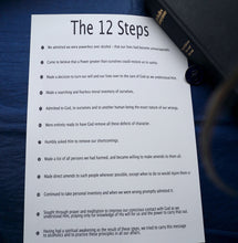 Load image into Gallery viewer, The Twelve Steps Poster with easy read text. Printed & posted free or downloadable PDF. Prints have FREE 'Recovery Rocks' Sticker. AA Print