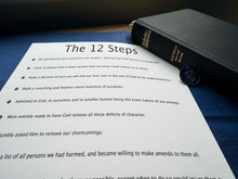 Load image into Gallery viewer, The Twelve Steps Poster with easy read text. Printed & posted free or downloadable PDF. Prints have FREE 'Recovery Rocks' Sticker. AA Print