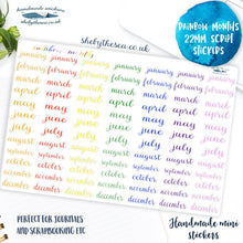Load image into Gallery viewer, Months of the Year Stickers, 29mm rainbow coloured labels, 84 cursive script planner stickers, seven lines of months, handmade in UK