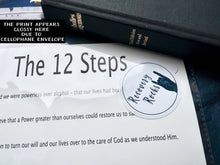 Load image into Gallery viewer, The Twelve Steps Poster with easy read text. Printed & posted free or downloadable PDF. Prints have FREE 'Recovery Rocks' Sticker. AA Print