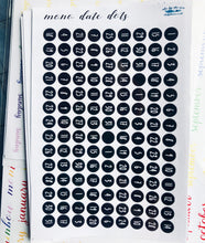 Load image into Gallery viewer, Black & White Date Dots, Mini dated round stickers for mono planner, diary or journal, 4 months per sheet, 0.5 cm each, Handmade in the UK.