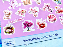 Load image into Gallery viewer, Spring Sticker Sheet in shades of pink. Floral stickers etc, Planner deco for journal/scrapbook, Sticker sheet handmade in the UK