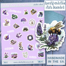 Load image into Gallery viewer, Spring Stickers in shades of lavender. Planner deco, journal, scrapbook, Sticker sheet handmade in UK, text script cursive decals kids gift