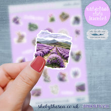 Load image into Gallery viewer, Spring Stickers in shades of lavender. Planner deco, journal, scrapbook, Sticker sheet handmade in UK, text script cursive decals kids gift