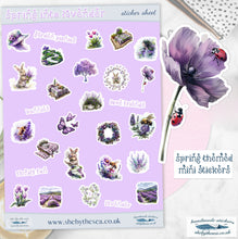 Load image into Gallery viewer, Spring Stickers in shades of lavender. Planner deco, journal, scrapbook, Sticker sheet handmade in UK, text script cursive decals kids gift