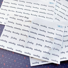 Load image into Gallery viewer, Mono Days of the Week Script Stickers black & white - Monday to Sunday labels for planner, diary or journal. Handmade in the UK.