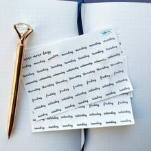Load image into Gallery viewer, Mono Days of the Week Script Stickers black & white - Monday to Sunday labels for planner, diary or journal. Handmade in the UK.