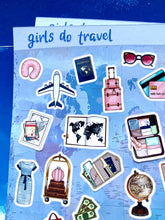Load image into Gallery viewer, GIRLS DO TRAVEL 35 mini stickers. Must have for summer holiday scrapbook, journal planner etc. Sticker sheet uk handmade. Tween trip gift