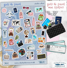 Load image into Gallery viewer, GIRLS DO TRAVEL 35 mini stickers. Must have for summer holiday scrapbook, journal planner etc. Sticker sheet uk handmade. Tween trip gift