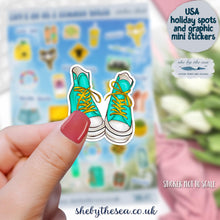 Load image into Gallery viewer, USA Summer Trip Sticker Sheet, 36 mini stickers, Retro USA graphics America holiday spots. Martha's Vineyard, Malibu, Hawaii. Handmade in uk