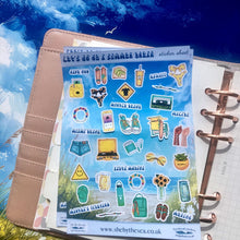 Load image into Gallery viewer, USA Summer Trip Sticker Sheet, 36 mini stickers, Retro USA graphics America holiday spots. Martha's Vineyard, Malibu, Hawaii. Handmade in uk