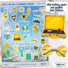 Load image into Gallery viewer, USA Summer Trip Sticker Sheet, 36 mini stickers, Retro USA graphics America holiday spots. Martha's Vineyard, Malibu, Hawaii. Handmade in uk