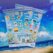 Load image into Gallery viewer, USA Summer Trip Sticker Sheet, 36 mini stickers, Retro USA graphics America holiday spots. Martha's Vineyard, Malibu, Hawaii. Handmade in uk