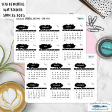 Load image into Gallery viewer, 2025 Mono Mini Calendars, Mini Monthly Stickers 2025 in Black & White, Mini Diary Sticker, 12 Months, Black Watercolour Planner