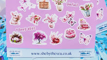 Load and play video in Gallery viewer, Spring Sticker Sheet in shades of pink. Floral stickers etc, Planner deco for journal/scrapbook, Sticker sheet handmade in the UK