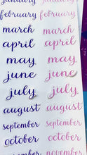 Load and play video in Gallery viewer, Months of the Year Stickers, 29mm rainbow coloured labels, 84 cursive script planner stickers