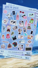 Load and play video in Gallery viewer, GIRLS DO TRAVEL 35 mini stickers. Must have for summer holiday scrapbook, journal planner etc. Sticker sheet uk handmade. Tween trip gift