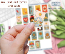 Load image into Gallery viewer, Tarot Card Stickers sheet. Minor Arcana wands & cups. Tiny stickers of tarot cards. Handmade in the UK