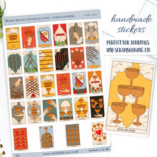 Load image into Gallery viewer, Tarot Card Stickers sheet. Minor Arcana wands & cups. Tiny stickers of tarot cards. Handmade in the UK
