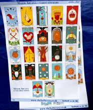 Load image into Gallery viewer, Tarot 'Cards' Sticker sheet. Major Arcana. Mini New Age artworks, decals deco for journals etc. Tiny stickers of tarot cards.