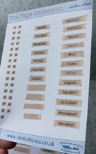 Load and play video in Gallery viewer, Dates Days and Month Stickers featuring vintage tape. Unique Date Dots with Bandaid appearance & typewriter script. Unusual Month Markers