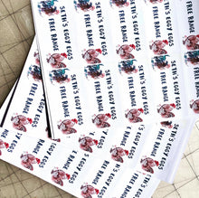 Load image into Gallery viewer, Custom Egg Box Labels with artwork, for free range egg sellers. Farm egg sales stickers handmade in the UK