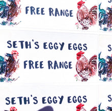 Load image into Gallery viewer, Custom Egg Box Labels with artwork, for free range egg sellers. Farm egg sales stickers handmade in the UK
