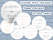 Load image into Gallery viewer, Custom Round Stickers with a cursive font and choice of colours - personalised business and product labels handmade in the UK
