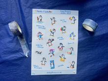 Load image into Gallery viewer, Mini stickers of cute penguins and text. Stickers sheet handmade in the UK.