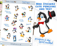 Load image into Gallery viewer, Mini stickers of cute penguins and text. Stickers sheet handmade in the UK.