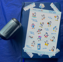 Load image into Gallery viewer, Mini stickers of cute penguins and text. Stickers sheet handmade in the UK.