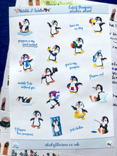 Load image into Gallery viewer, Mini stickers of cute penguins and text. Stickers sheet handmade in the UK.