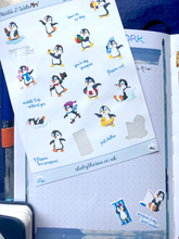 Load image into Gallery viewer, Mini stickers of cute penguins and text. Stickers sheet handmade in the UK.