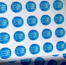 Load image into Gallery viewer, Custom Watercolour Round Text Stickers with colour choices. Custom Party Favor Labels with a star sprinkled border. Baby Shower Sticker Sheets.