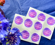 Load image into Gallery viewer, Custom Watercolour Round Text Stickers with colour choices. Custom Party Favor Labels with a star sprinkled border. Baby Shower Sticker Sheets.