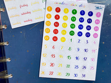 Load image into Gallery viewer, Rainbow Date Dots -  Dated round stickers for your planner or bullet journal. Handmade in the UK