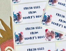 Load image into Gallery viewer, Custom Egg Box Labels with artwork, for free range egg sellers. Farm egg sales stickers handmade in the UK