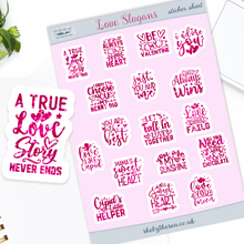 Load image into Gallery viewer, Valentine Slogans Mini Stickers for Planners and Bullet Journals | Deco sticker sheet with 17 romantic slogans in pink and red watercolour