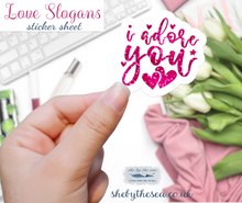 Load image into Gallery viewer, Valentine Slogans Mini Stickers for Planners and Bullet Journals | Deco sticker sheet with 17 romantic slogans in pink and red watercolour