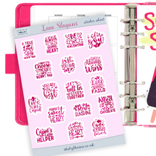 Load image into Gallery viewer, Valentine Slogans Mini Stickers for Planners and Bullet Journals | Deco sticker sheet with 17 romantic slogans in pink and red watercolour