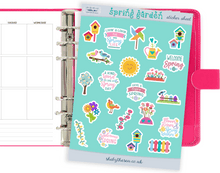 Load image into Gallery viewer, SPRING GARDEN Sticker Sheet, for Planners and Bullet Journals. Deco stickers handmade in the UK. Brightly Coloured Mini Decals for Kids