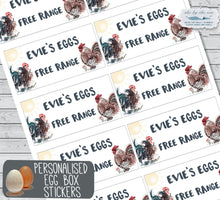 Load image into Gallery viewer, Custom Egg Box Labels with artwork, for free range egg sellers. Farm egg sales stickers handmade in the UK