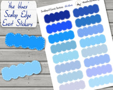 Load image into Gallery viewer, Shades of Blue Scallop Event Stickers. Quarter Boxes. Planner stickers handmade in the UK