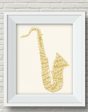 Load image into Gallery viewer, Saxophone Print, Printable Wall Art, Saxophone Digital Printable, gold typography print, printable music home decor, Music Lover Wall Art,
