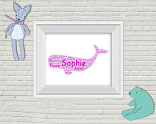 Load image into Gallery viewer, Custom Nursery Art, Whale personalised, printable nursery wall art whale word art pinks & blues, nursery decor whale print, digital download