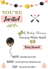 Load image into Gallery viewer, Personalised Baby Shower Invitation. EMAILED WITHIN 48 HOURS. A Gold & Blush elegant theme.