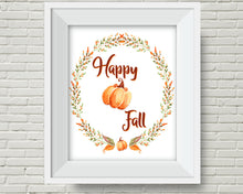 Load image into Gallery viewer, Fall Printable Artwork with a pumpkin and greenery wreath. Instant download