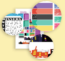 Load image into Gallery viewer, A printable vertical planner kit decorated with a retro, pop music theme - These stickers are perfect for you if you like bright colours.